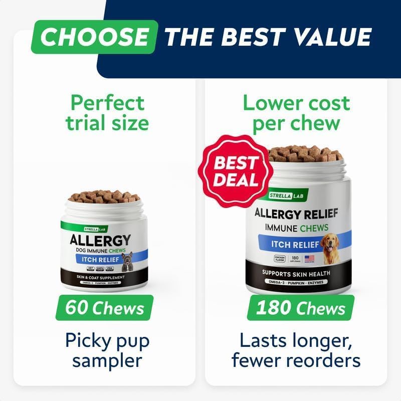 STRELLALAB Dog Allergy & Itching Relief - Skin&Coat Support Chews w/Omega 3