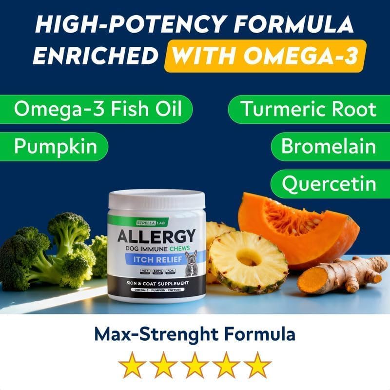 STRELLALAB Dog Allergy & Itching Relief - Skin&Coat Support Chews w/Omega 3