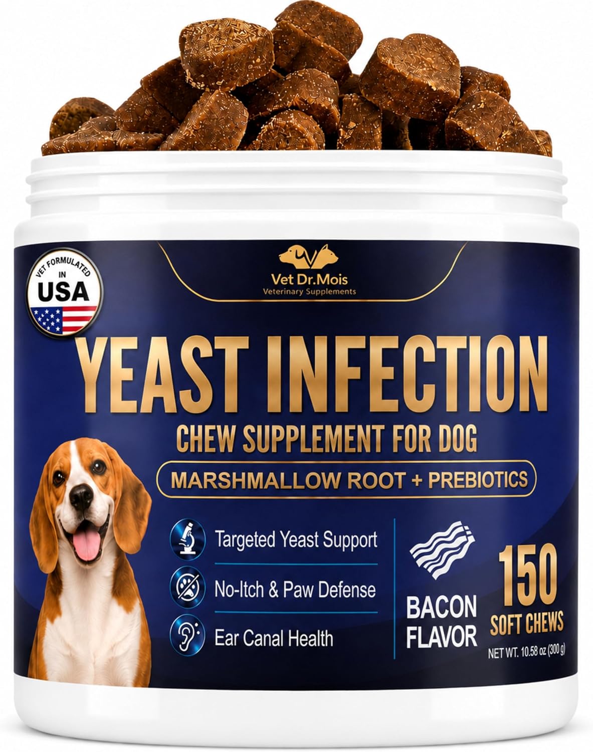 Yeast Infection Treatment for Dogs – Anti Yeast Supplement for Itchy Skin, Itchy Ears, Paw Licking & Odor – Probiotic + Herbal Blend for Gut Balance – Bacon Flavored Dog Chews, 150 Soft Chews