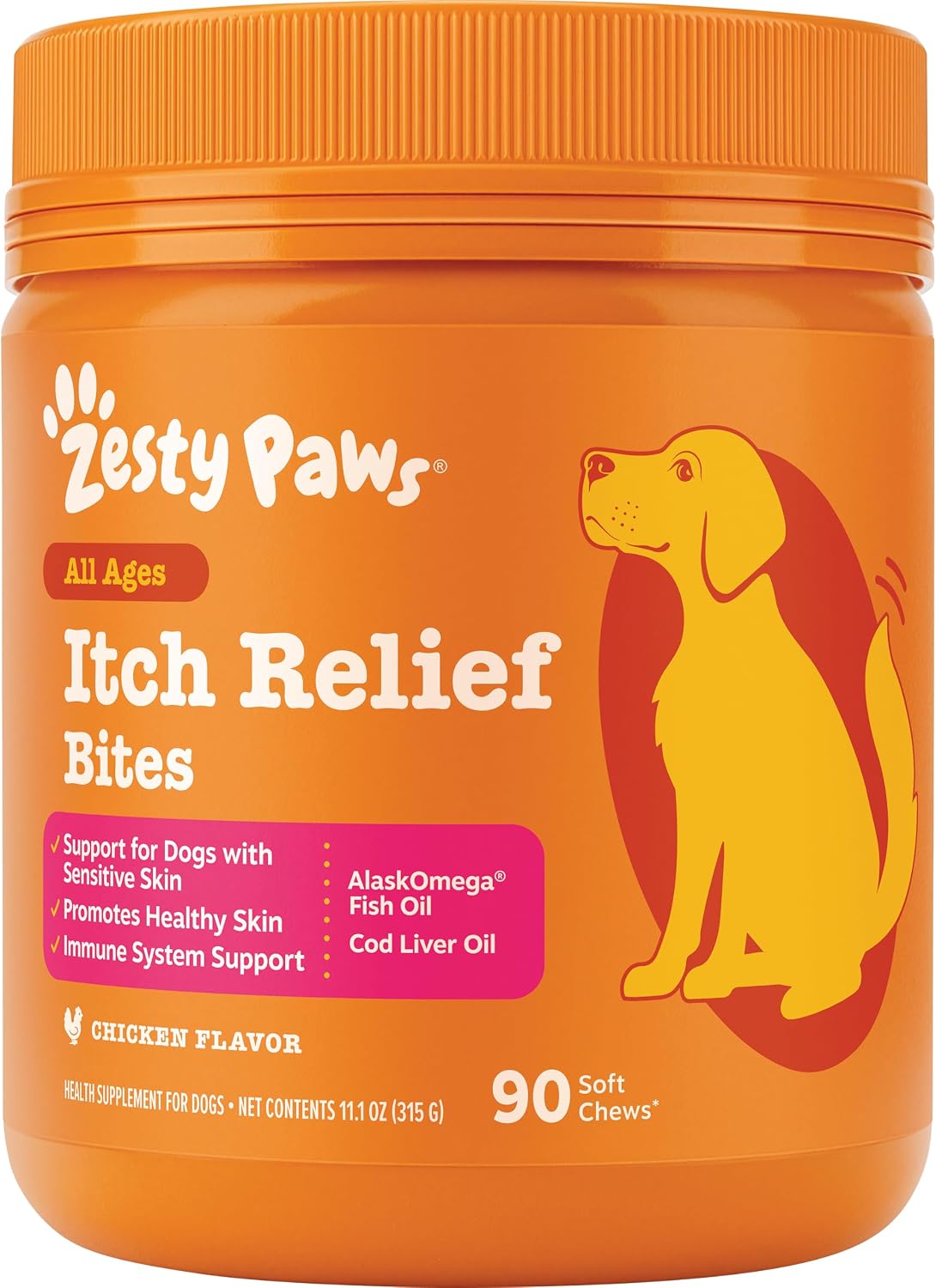 Zesty Paws Dog Itch Relief Chews - Omega-3 Fish Oil for Dogs, Chicken, 90ct