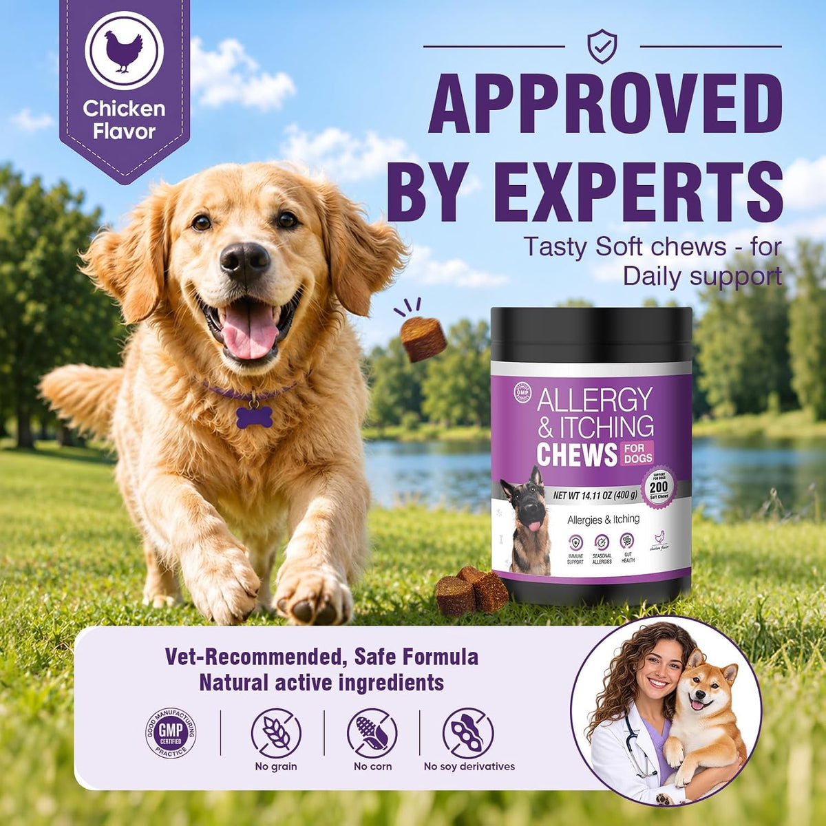 Dog Allergy Chews 200ct - Aller Immune Relief for Itchy Skin, Chicken Bites