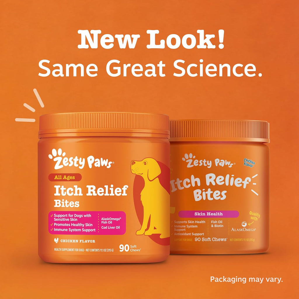 Zesty Paws Dog Itch Relief Chews - Omega-3 Fish Oil for Dogs, Chicken, 90ct